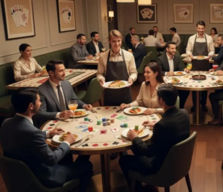 Goście przy stołach podczas wieczoru inspirowanego kasynem w restauracji.
