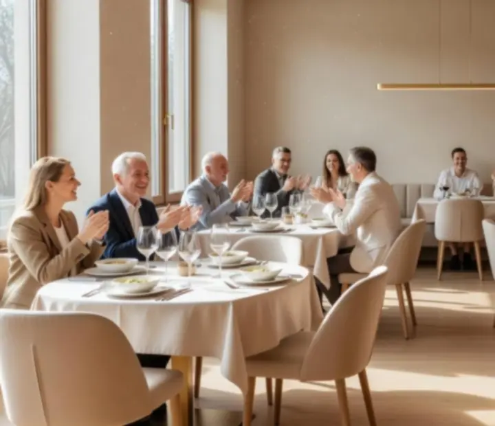 Jasne, przestronne wnętrze restauracji Betéti Társaság z nakrytymi stołami.