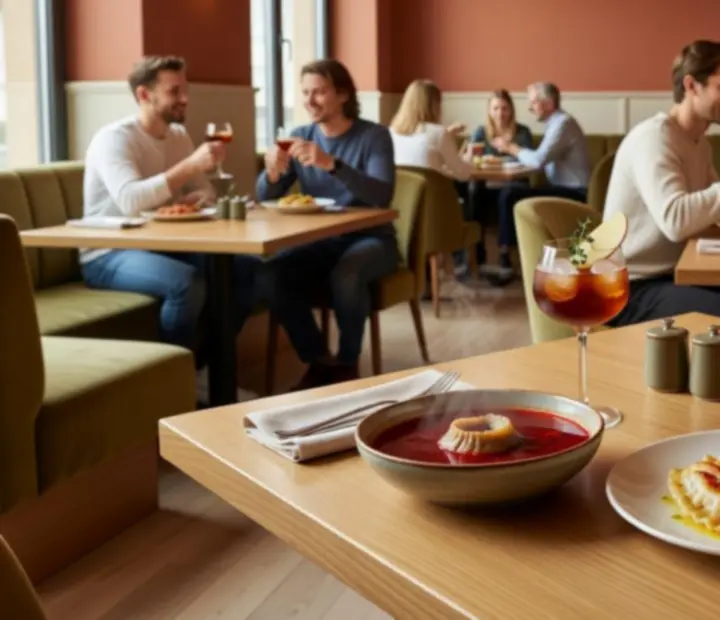 Kompozycja zdjęć przedstawiająca dania, koktajle oraz jasne wnętrza restauracji Betéti Társaság