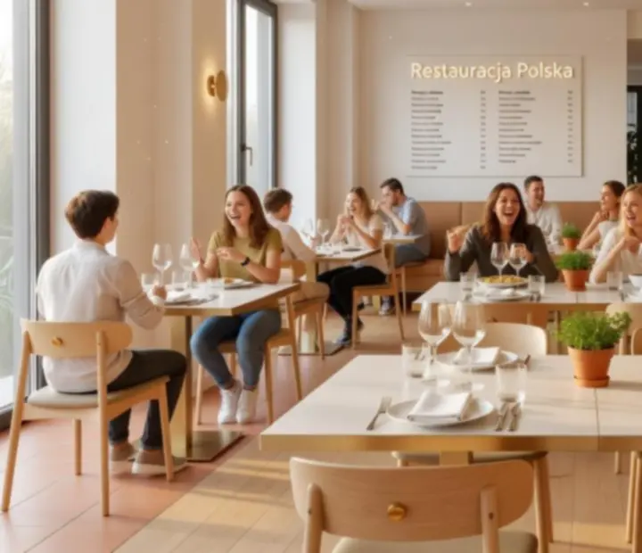 Jasne, przestronne wnętrze restauracji Betéti Társaság z elegancko nakrytymi stolikami i nowoczesnymi detalami