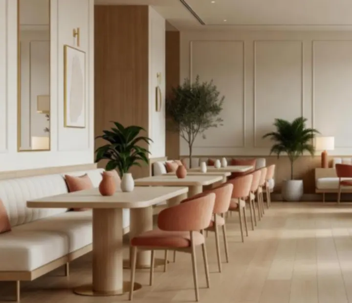 Jasne, przestronne wnętrze restauracji Betéti Társaság z eleganckimi stołami i ciepłym oświetleniem